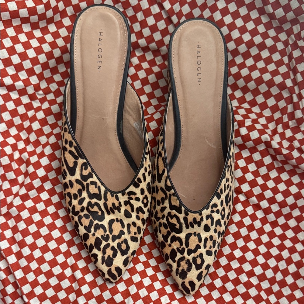 Halogen Leopard Print Pointed Mules in Tan and Black